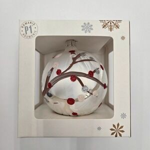 Pier 1 NEW European Glass Hand Blown & Painted Ornament White‎ Holly Branch